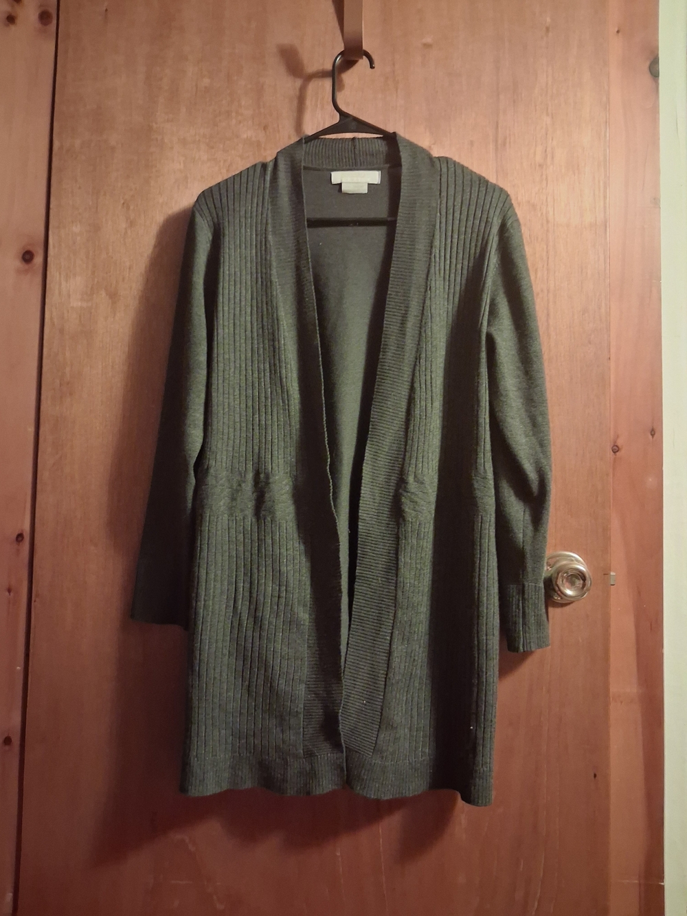 Ribbed Open-Front Long Cardigan - Grey